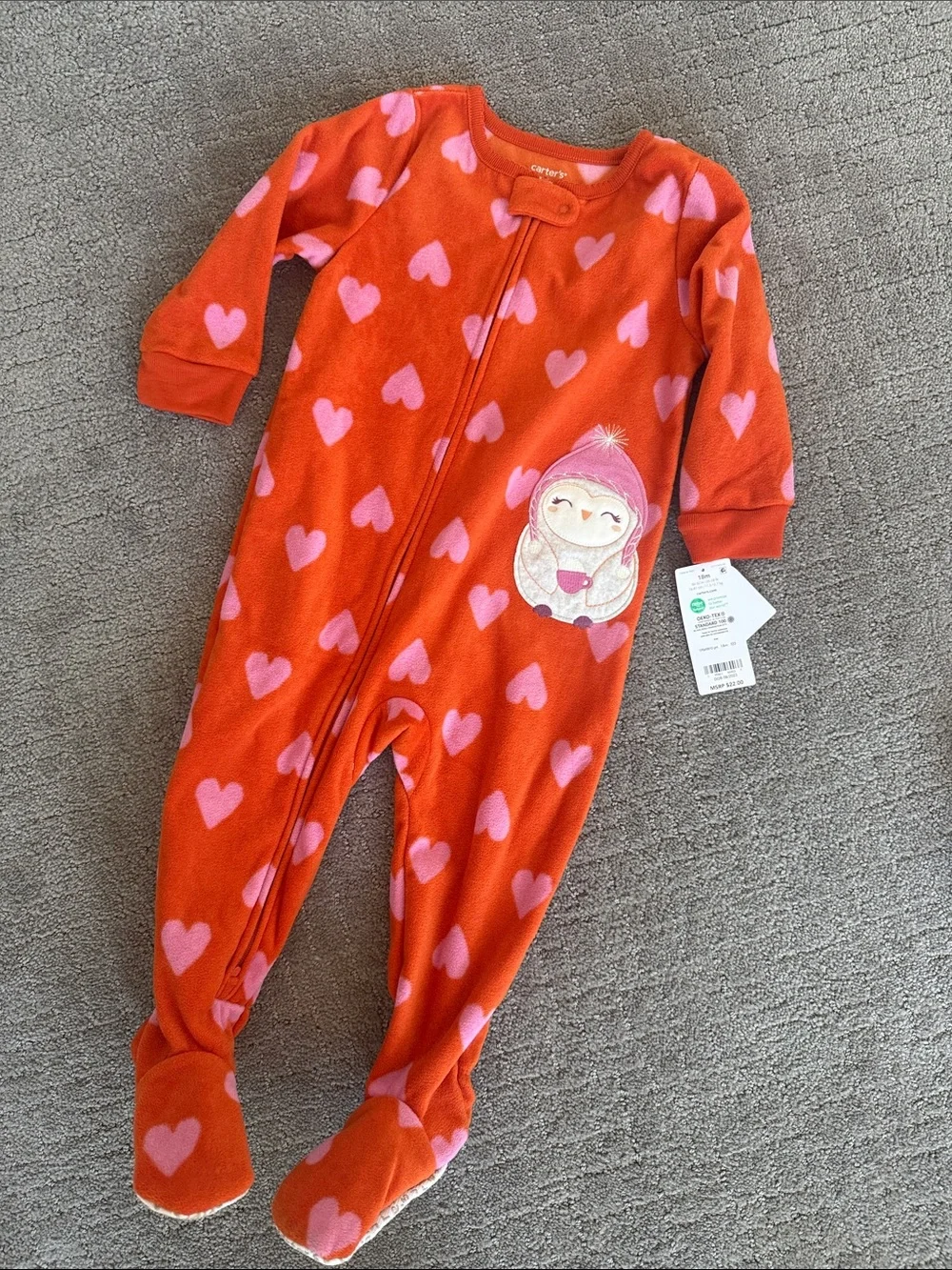Carter's Orange Fleece Heart Footed One-Piece with Pink Hearts